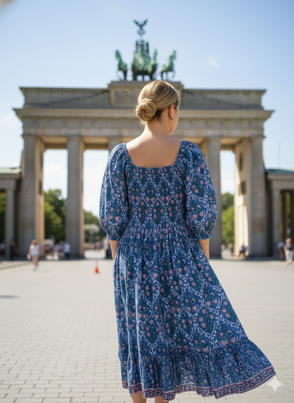 Dusty Blue Floral Block Print Cotton Midi Dress – Smocked Puff Sleeve Boho Dress