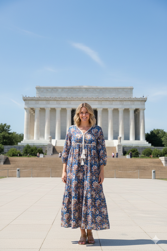 Indigo Blue Bagru Hand Block Print Cotton Dress – Boho Tassel Tie Tiered Maxi Dress
