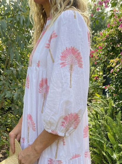 White Pink Floral Hand Block Print Cotton Midi Dress – Puff Sleeve Boho Summer Dress