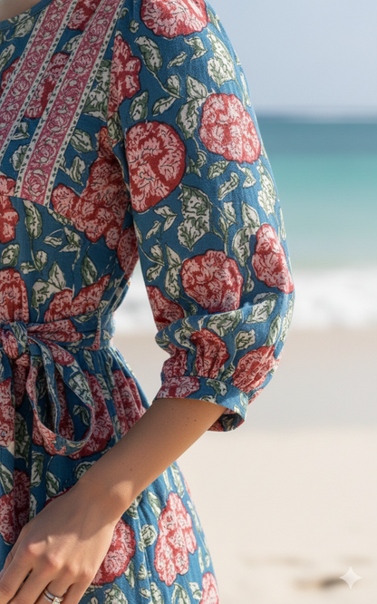 Teal Blue Pink Floral Hand Block Printed Cotton Midi Dress – Puff Sleeve Boho Indian Dress