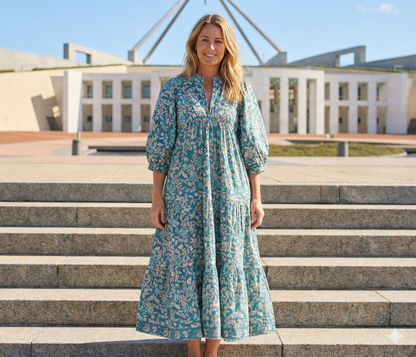 Teal Floral Hand Block Printed Cotton Maxi Dress – Indian Boho Tiered Long Dress