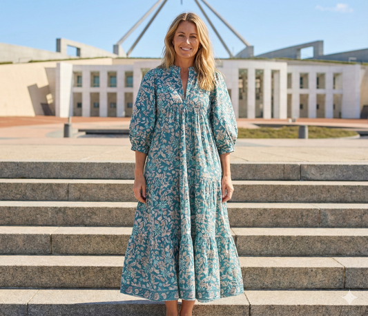 Teal Floral Hand Block Printed Cotton Maxi Dress – Indian Boho Tiered Long Dress