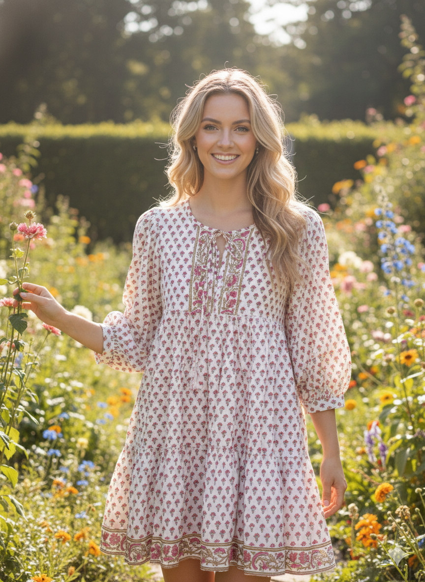 White Red Floral Hand Block Printed Cotton Midi Dress – Boho Indian Tiered Dress