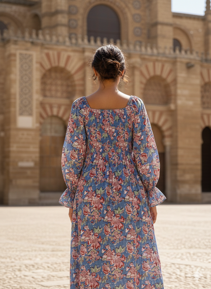 Blue Floral Hand Block Printed Cotton Midi Dress – Smocked Bodice Puff Sleeve Boho Dress