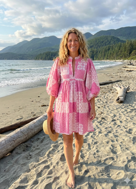 Pink Geometric Patchwork Screen Printed Cotton Dress – Puff Sleeve Boho Tiered Midi Dress