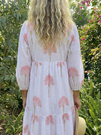 White Pink Floral Hand Block Print Cotton Midi Dress – Puff Sleeve Boho Summer Dress