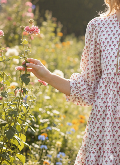 White Red Floral Hand Block Printed Cotton Midi Dress – Boho Indian Tiered Dress