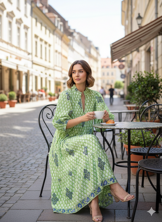 Light Green Floral Hand Block Printed Cotton Midi Dress – Indian Boho Dress