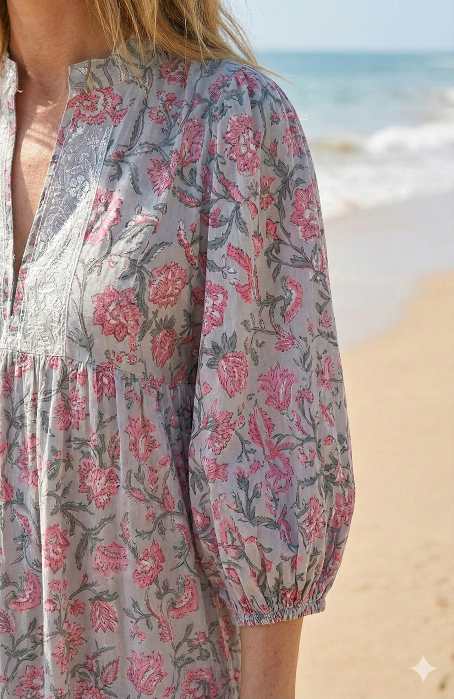 Grey Pink Floral Hand Block Printed Cotton Maxi Dress – Tiered Boho Women’s Dress