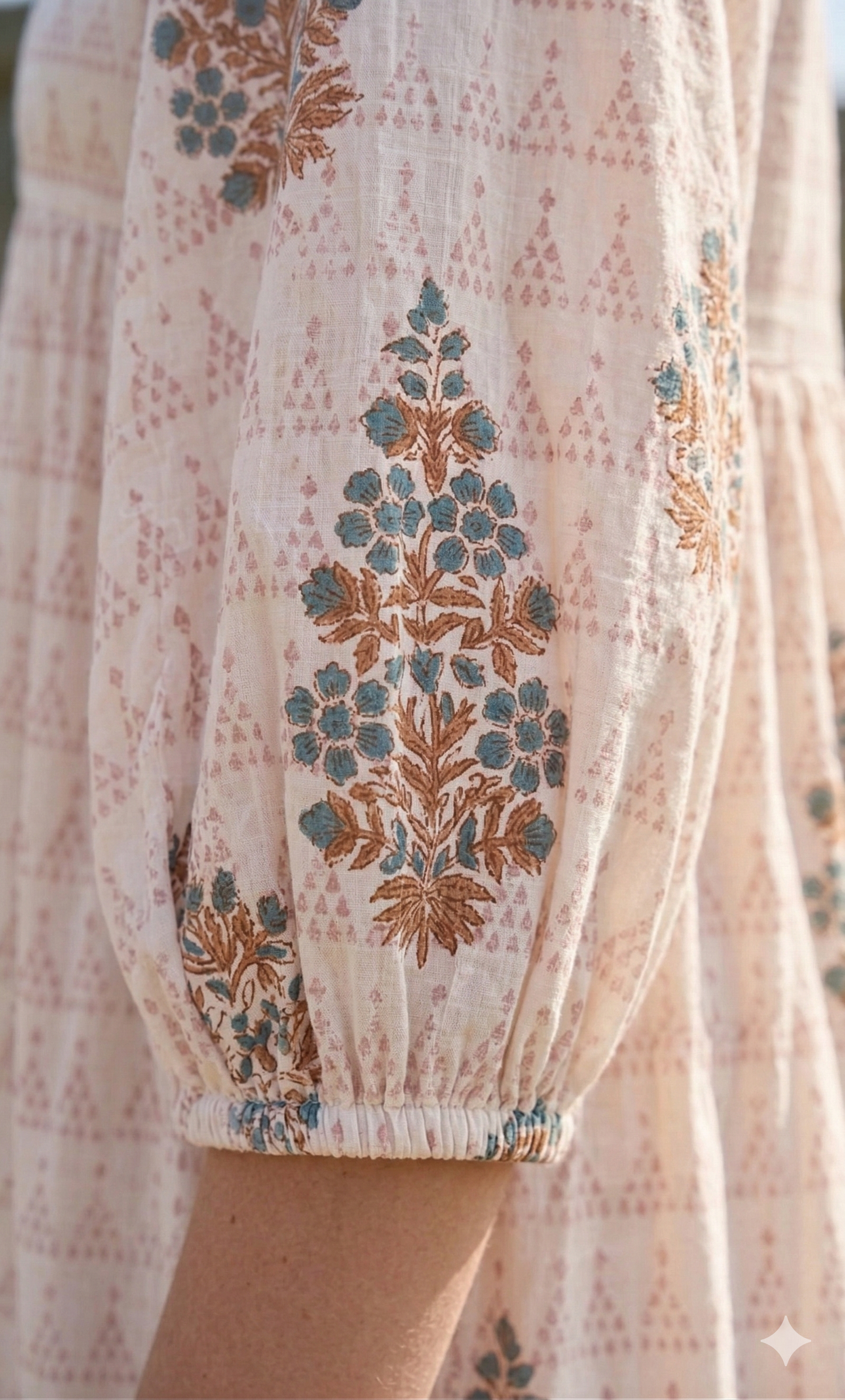 Blush Pink Floral Hand Block Print Cotton Maxi Dress – Boho Puff Sleeve Tiered Dress
