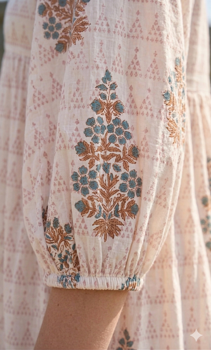 Blush Pink Floral Hand Block Print Cotton Maxi Dress – Boho Puff Sleeve Tiered Dress