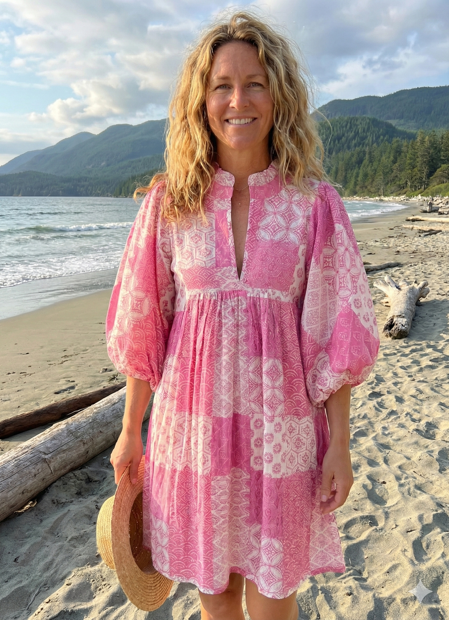 Pink Geometric Patchwork Screen Printed Cotton Dress – Puff Sleeve Boho Tiered Midi Dress
