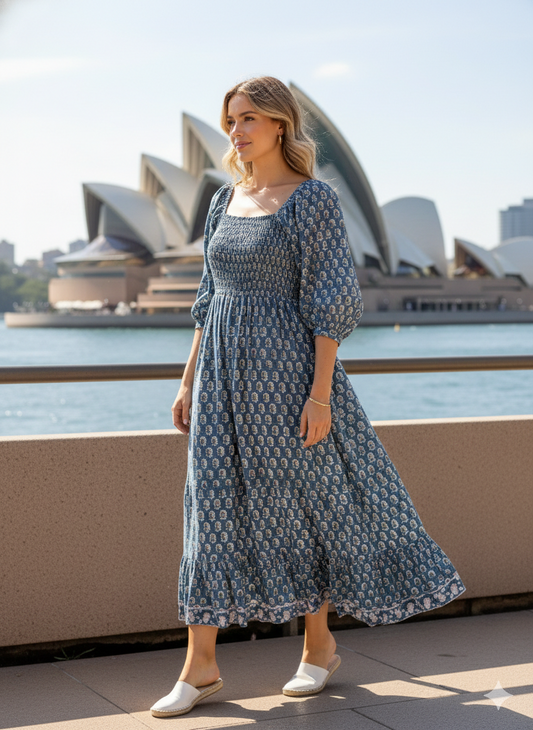 Blue Hand Block Printed Cotton Midi Dress – Smocked Bodice Puff Sleeve Boho Dress