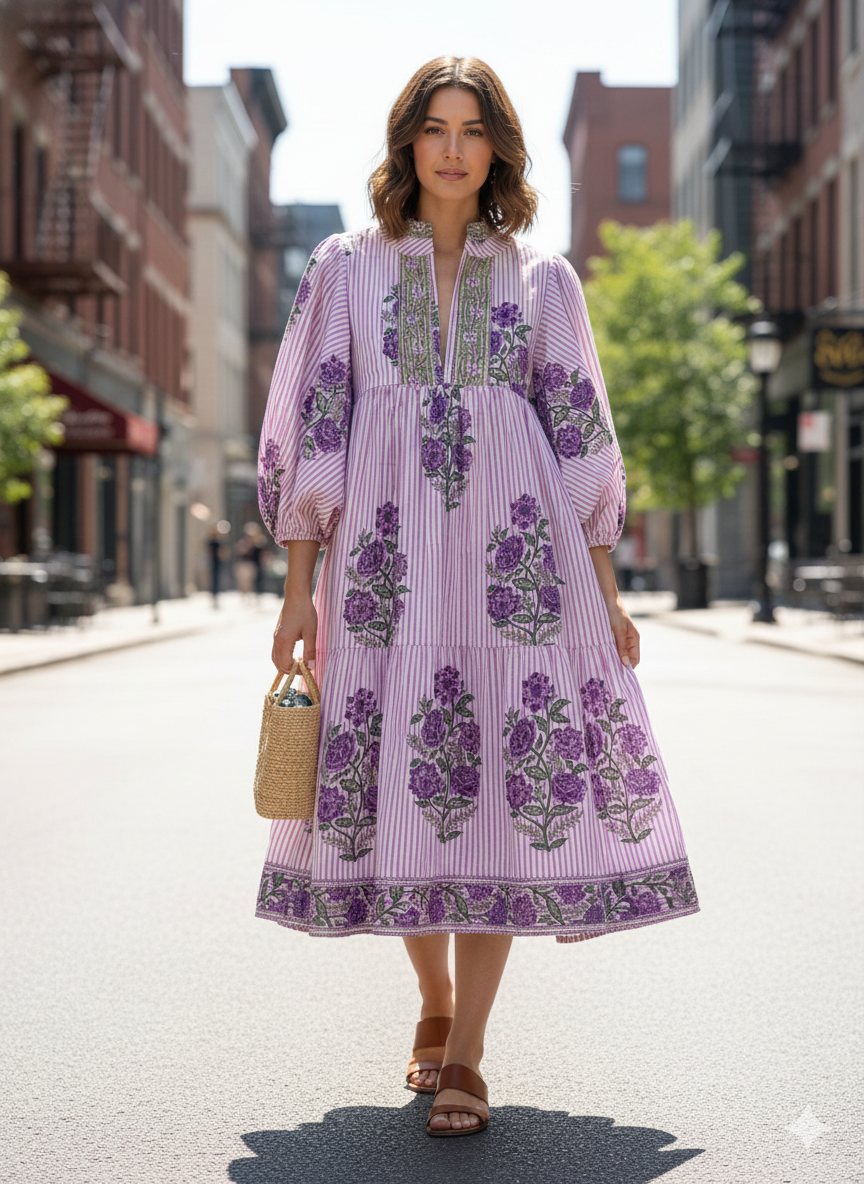 Pink Purple Floral Stripe Block Print Cotton Midi Dress – Boho Handmade Tiered Dress with Puff Sleeves & Contrast Yoke