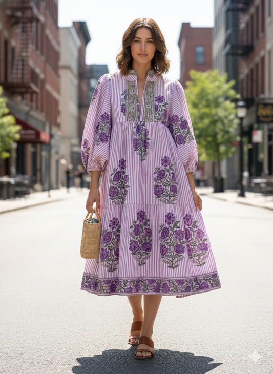 Pink Purple Floral Stripe Block Print Cotton Midi Dress – Boho Handmade Tiered Dress with Puff Sleeves & Contrast Yoke
