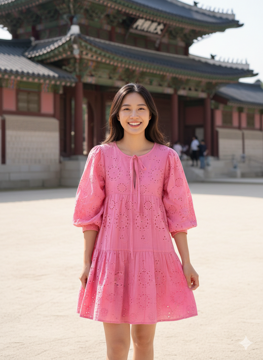 Pink Eyelet Cotton Maxi Dress – Tiered Boho Long Sleeve Summer Dress
