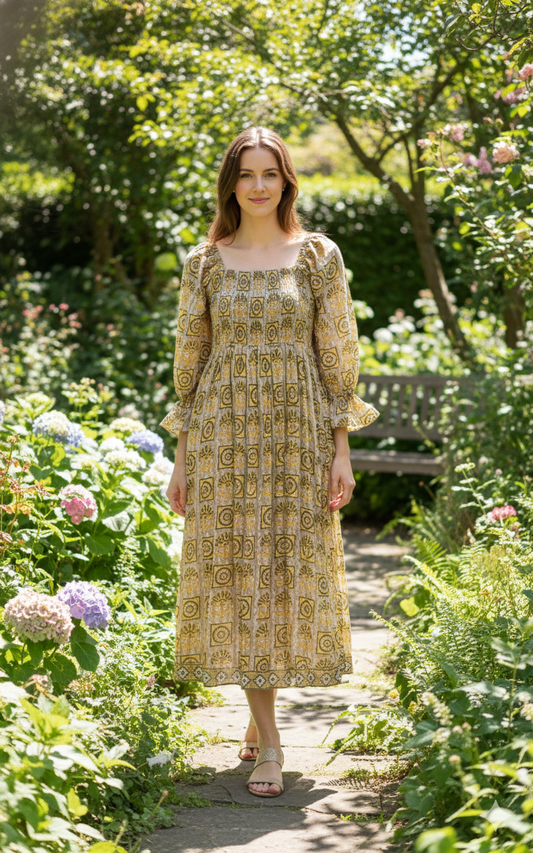 Olive Mustard Hand Block Printed Cotton Midi Dress – Smocked Bodice Puff Sleeve Boho Dress