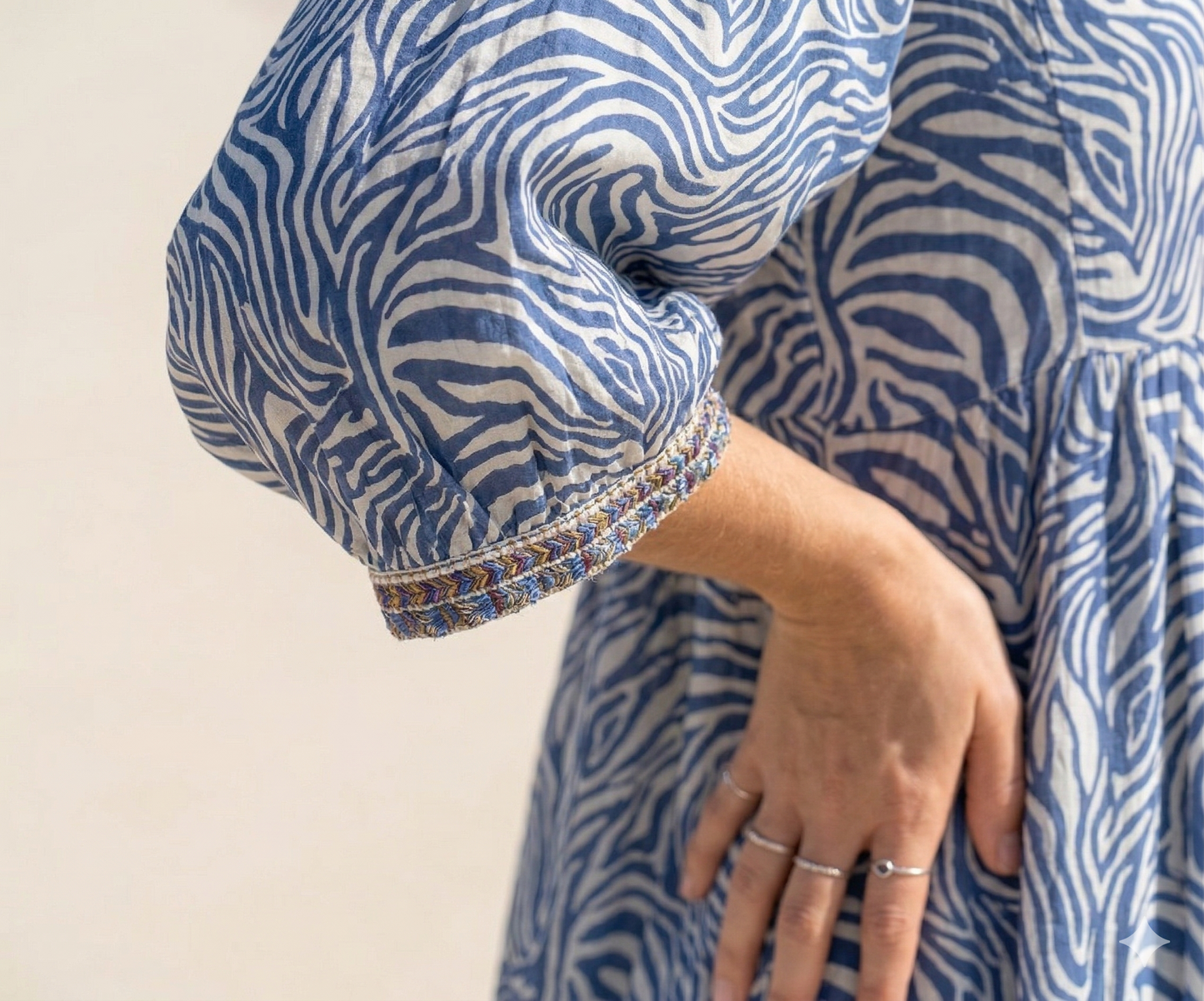 Blue & White Abstract Cotton Maxi Dress – Boho Indian Long Dress with V Neck