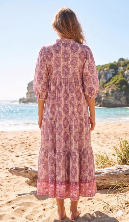 Blush Pink & Indigo Floral Hand Block Print Cotton Maxi Dress – Boho Tiered Maxi, Puff Sleeve