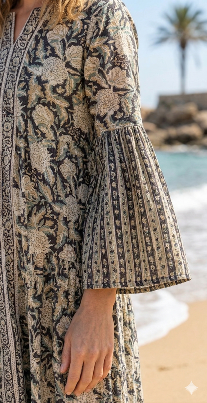 Earthy Floral Block Print Cotton Maxi Dress – Boho Chic Tiered Long Dress with Wide Bell Sleeves