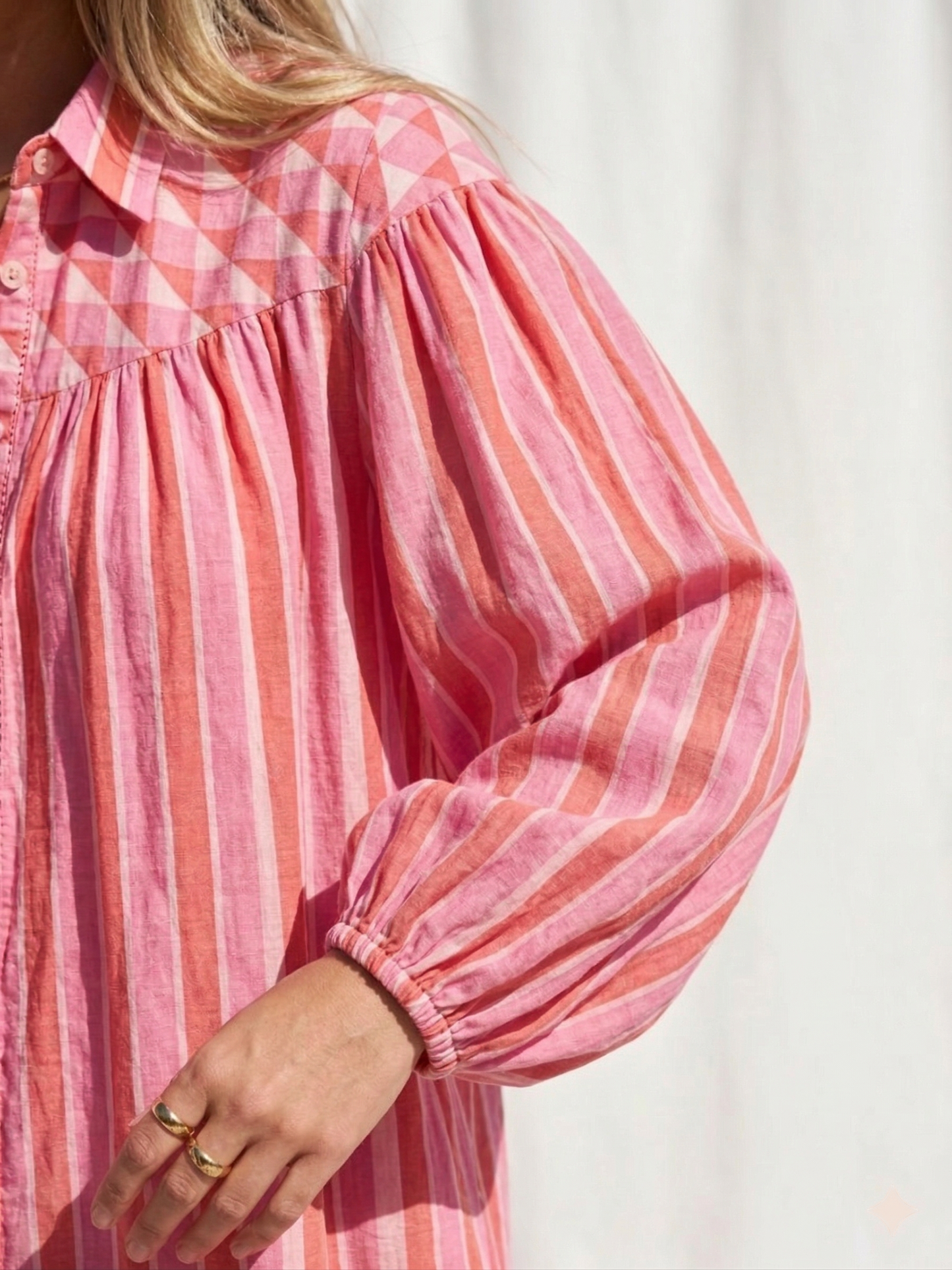 Coral Pink Red Striped Cotton Mini Dress – Hand Block Print Boho Shirt Dress
