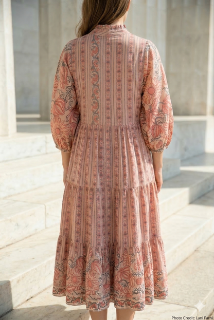 Peach Beige Floral Hand Block Print Cotton Maxi Dress – Boho Indian Tiered Dress
