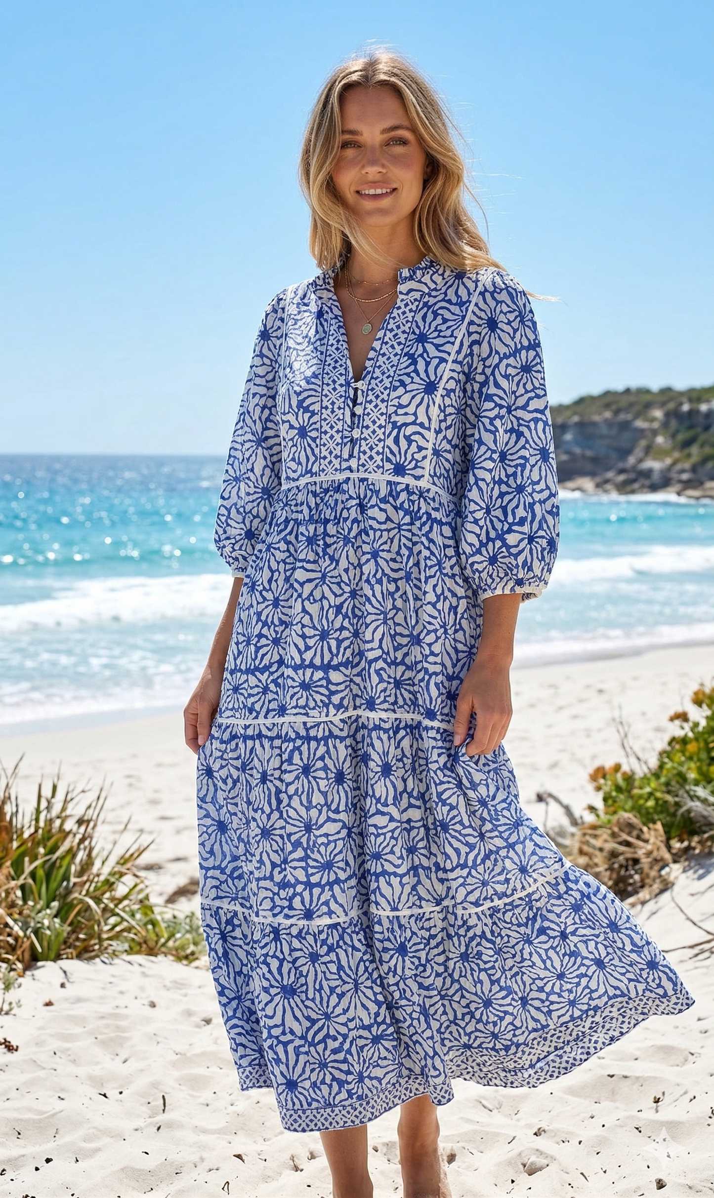 Blue White Block Print Cotton Tiered Maxi Dress – Boho Indian Summer Dress with Long Sleeves