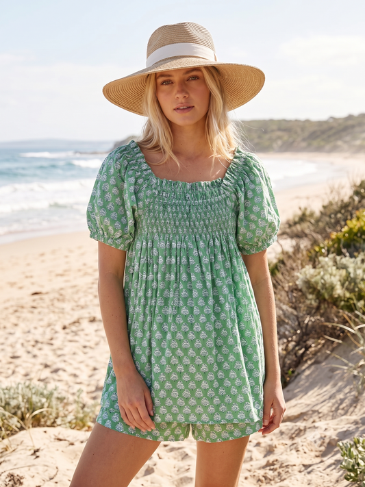 Sage Green Floral Cotton Pajama Set, Smocked Puff Sleeve Top and Matching Shorts