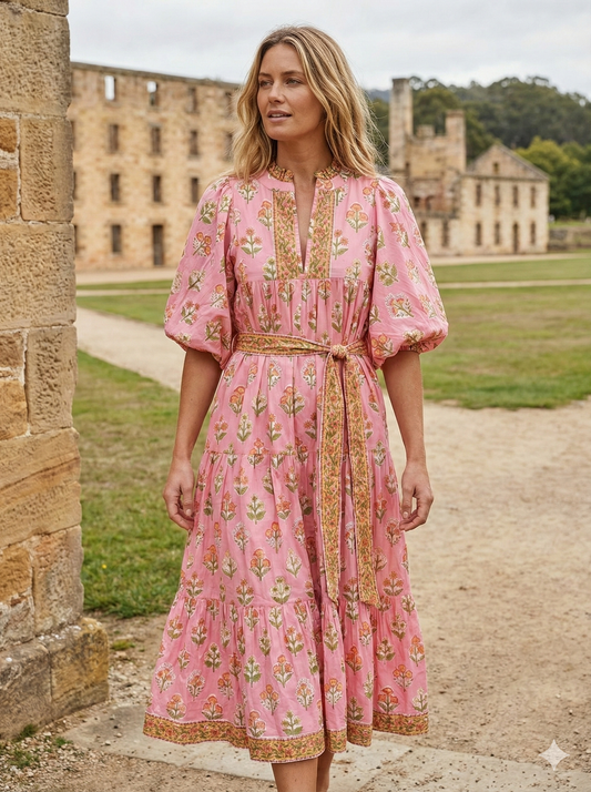 Pink Floral Hand Block Printed Cotton Dress – Tiered Boho Maxi Dress for Women