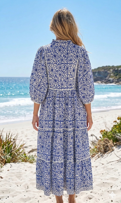 Blue White Block Print Cotton Tiered Maxi Dress – Boho Indian Summer Dress with Long Sleeves
