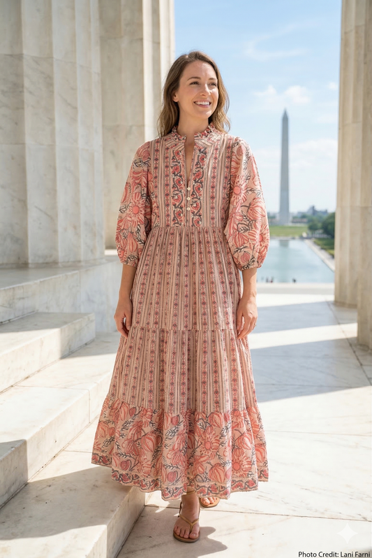 Peach Beige Floral Hand Block Print Cotton Maxi Dress – Boho Indian Tiered Dress