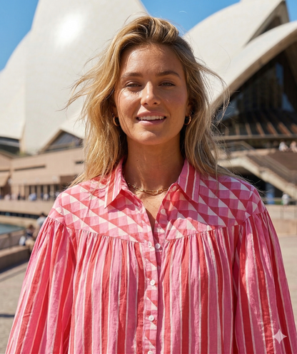 Coral Pink Red Striped Cotton Mini Dress – Hand Block Print Boho Shirt Dress