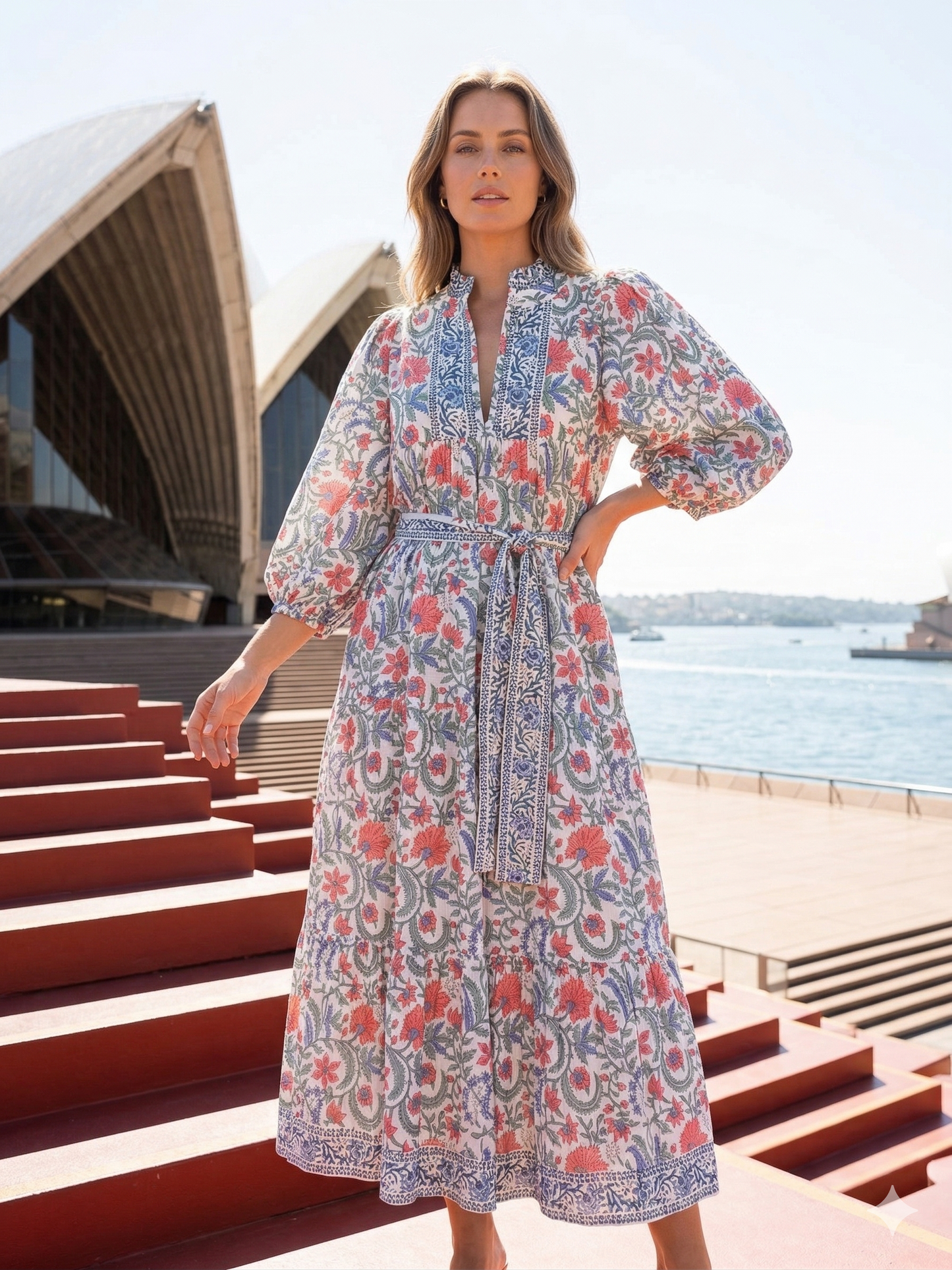 Cream Floral Hand Block Print Cotton Maxi Dress – Boho Tiered Dress with Ruffle Neck