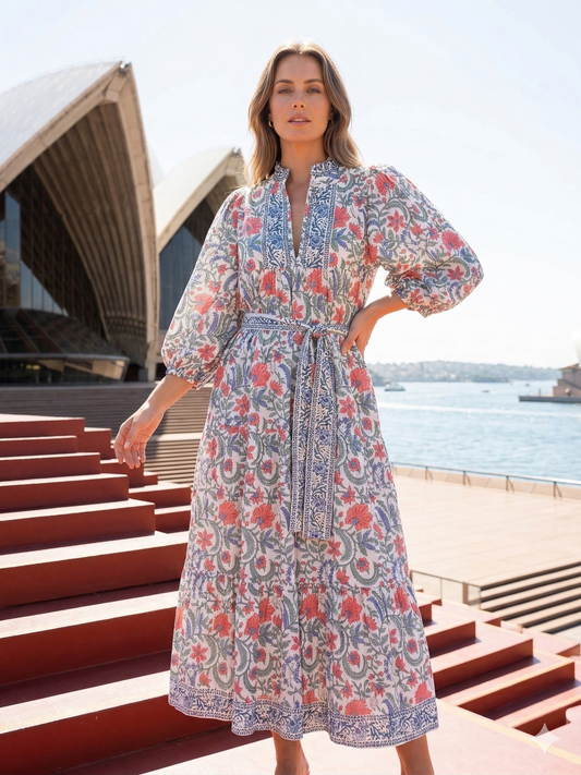 Cream Floral Hand Block Print Cotton Maxi Dress – Boho Tiered Dress with Ruffle Neck