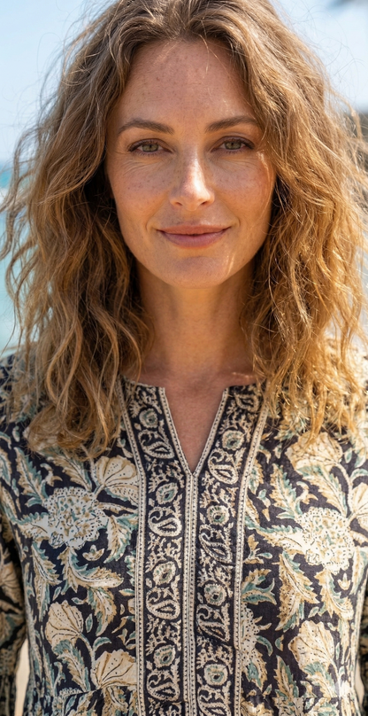 Earthy Floral Block Print Cotton Maxi Dress – Boho Chic Tiered Long Dress with Wide Bell Sleeves