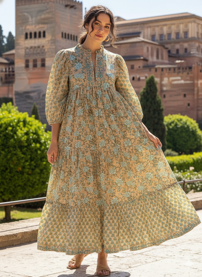 Beige Blue Floral Hand Block Printed Cotton Midi Dress – Puff Sleeve Boho Indian Dress