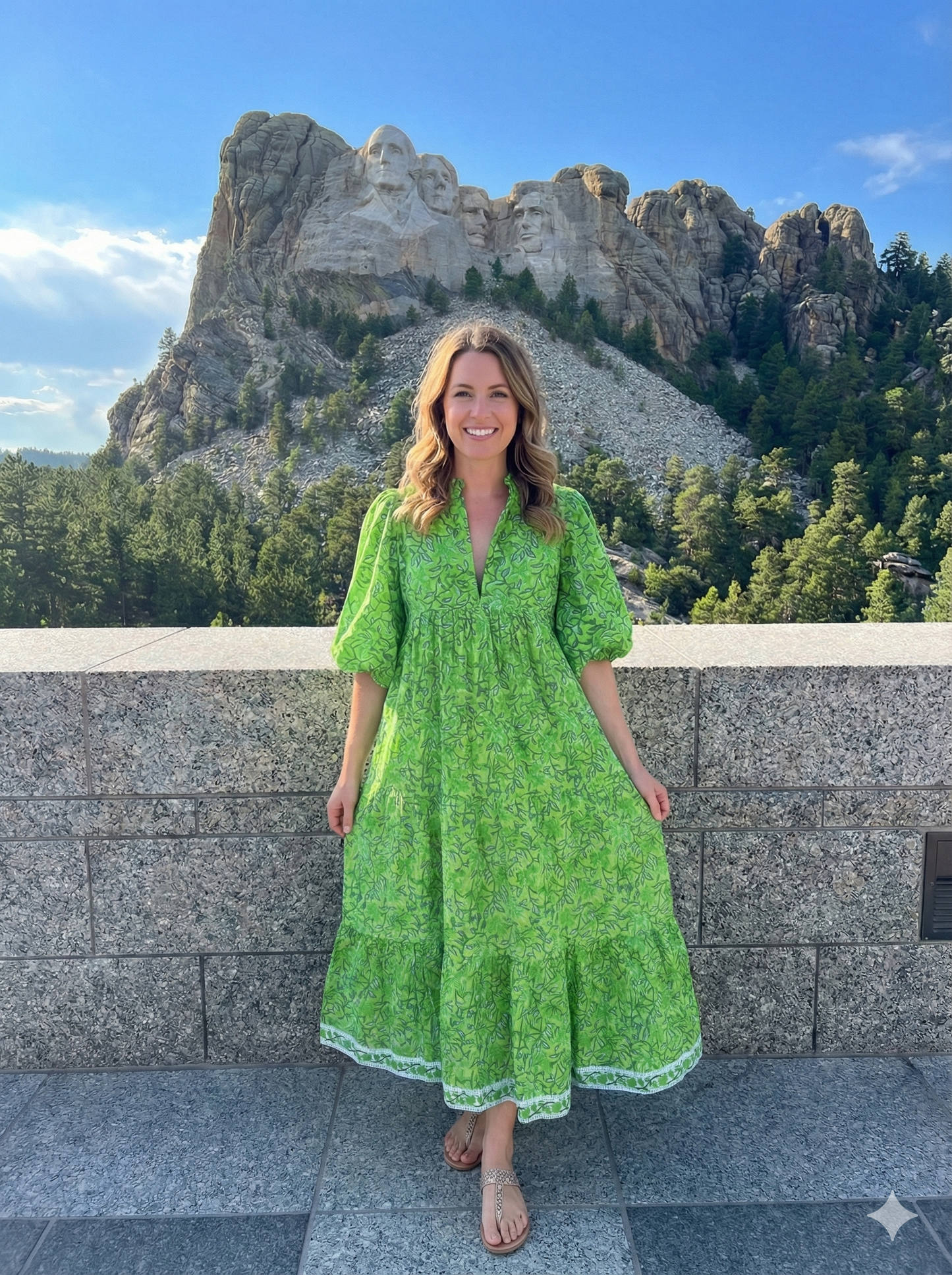 Green Leaf Print Hand Block Printed Cotton Midi Dress – Boho Puff Sleeve Tiered Dress – Ruffle Neck Indian Summer Dress for Women