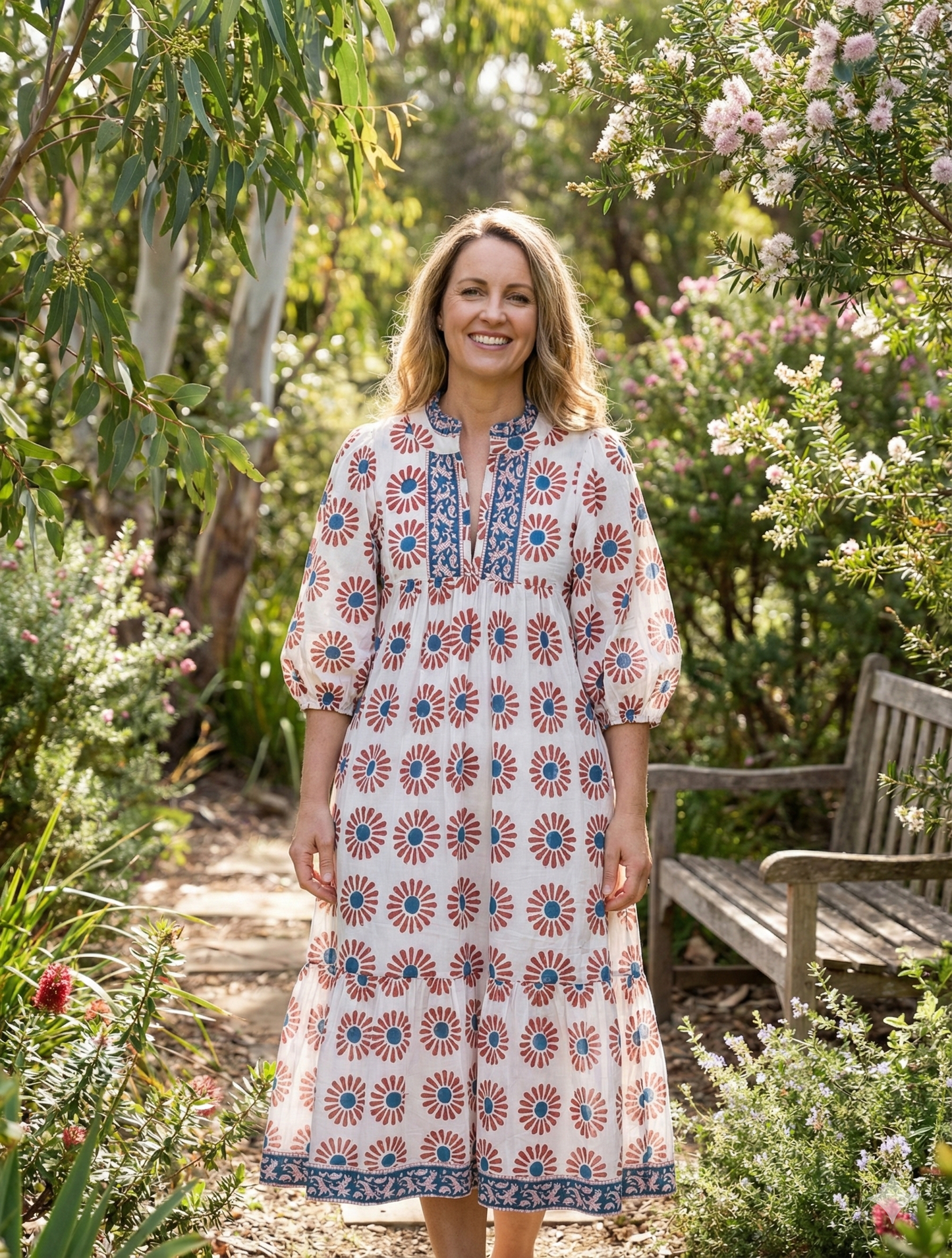 Rust Floral Hand Block Printed Cotton Dress – Puff Sleeve Boho Tiered Summer Dress
