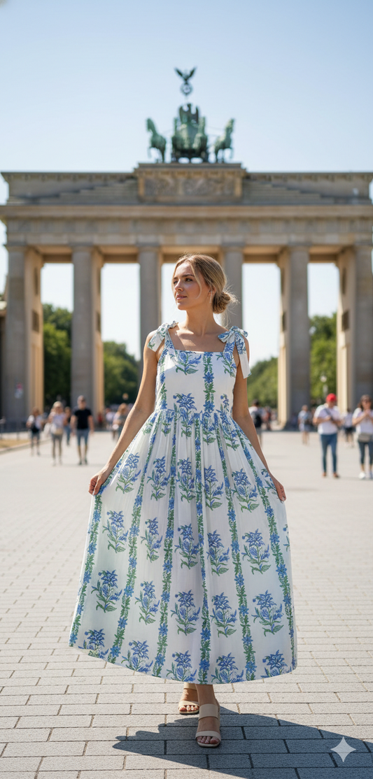 Blue Floral Hand Block Printed Cotton Midi Dress – Tie Strap Boho Summer Dress