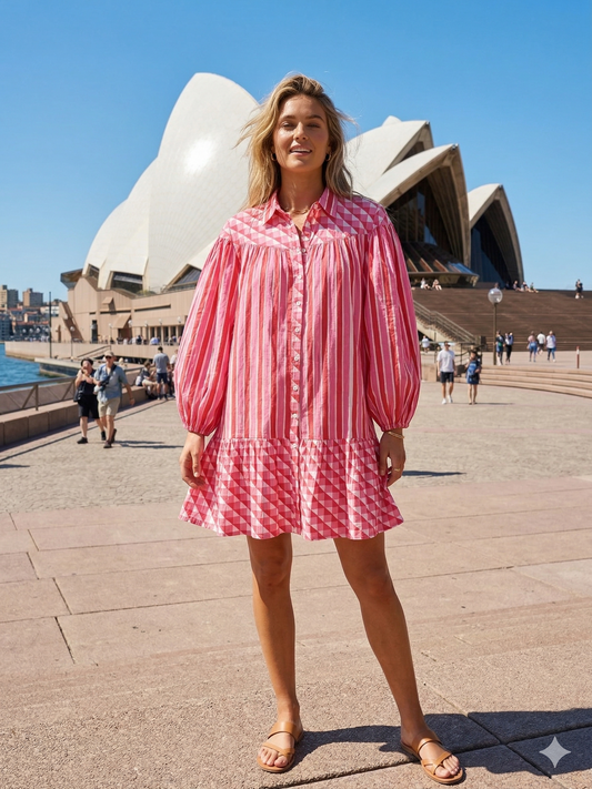 Coral Pink Red Striped Cotton Mini Dress – Hand Block Print Boho Shirt Dress
