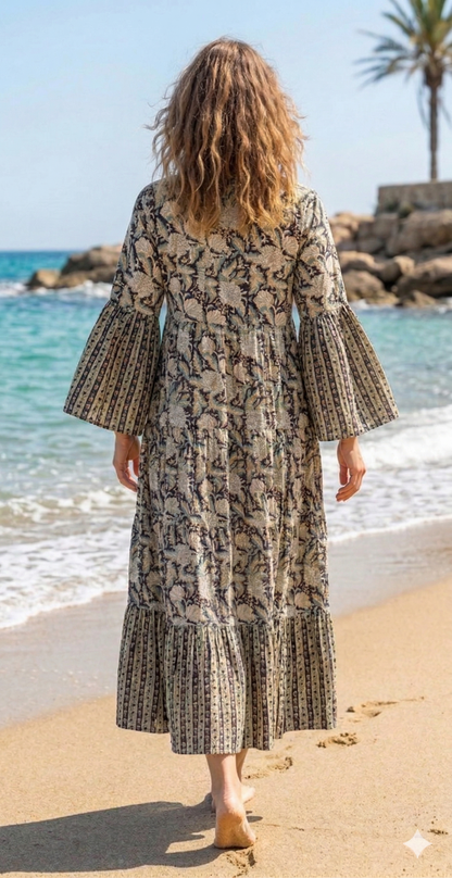 Earthy Floral Block Print Cotton Maxi Dress – Boho Chic Tiered Long Dress with Wide Bell Sleeves
