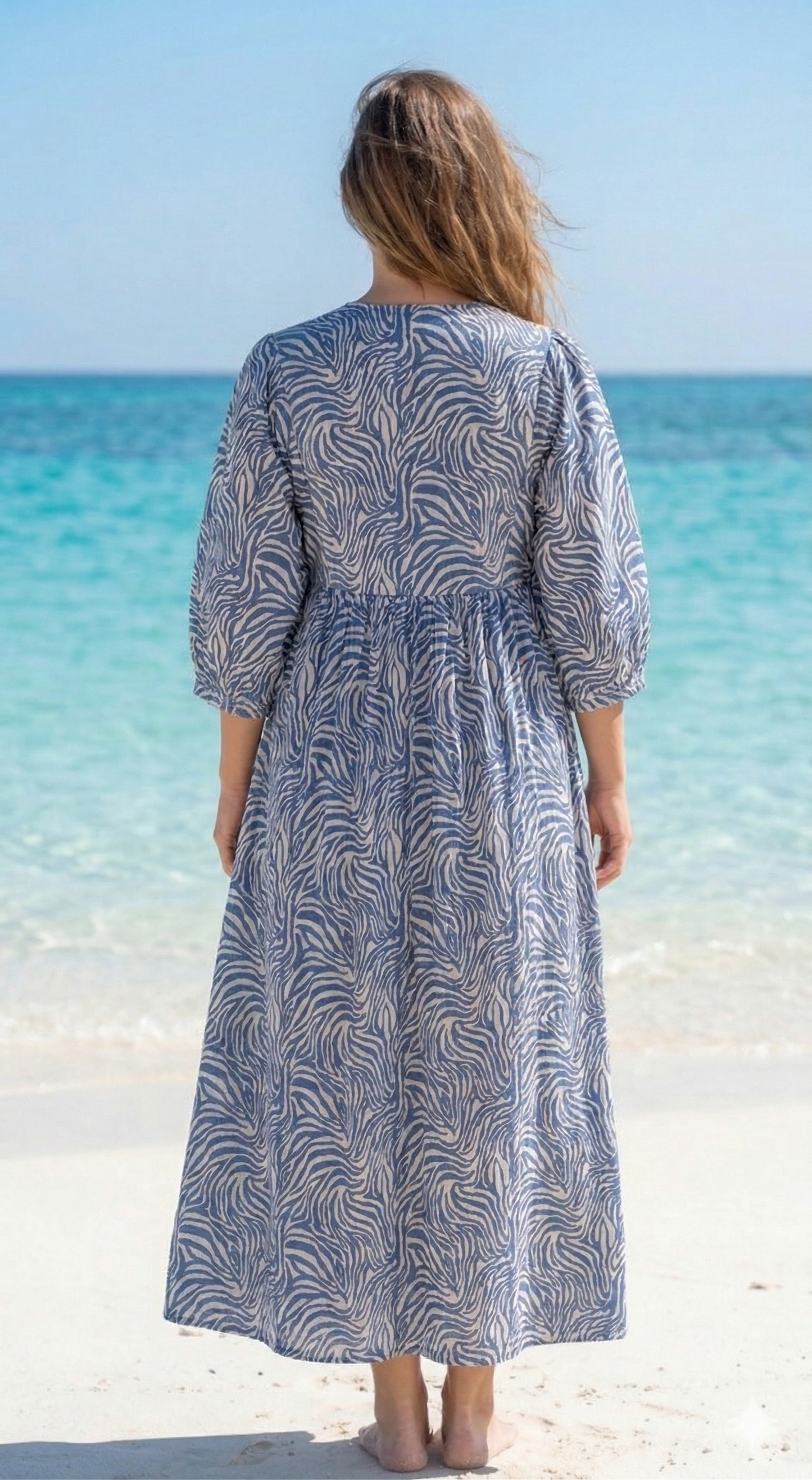 Blue & White Abstract Cotton Maxi Dress – Boho Indian Long Dress with V Neck