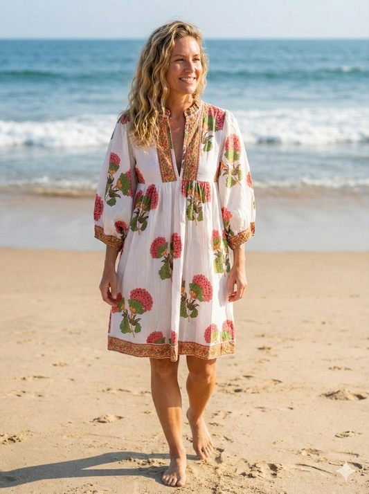 Floral Hand Block Printed Cotton Mini Dress – Puff Sleeve Boho Summer Dress