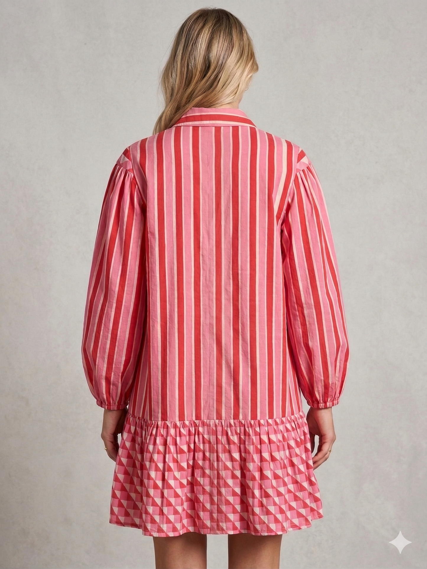 Coral Pink Red Striped Cotton Mini Dress – Hand Block Print Boho Shirt Dress