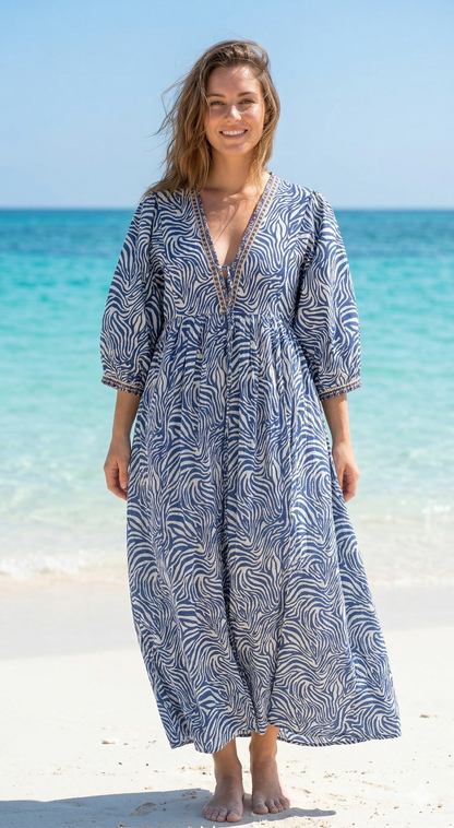 Blue & White Abstract Cotton Maxi Dress – Boho Indian Long Dress with V Neck