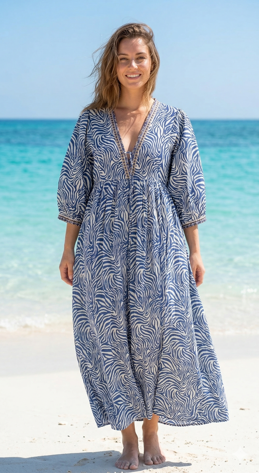 Blue & White Abstract Cotton Maxi Dress – Boho Indian Long Dress with V Neck