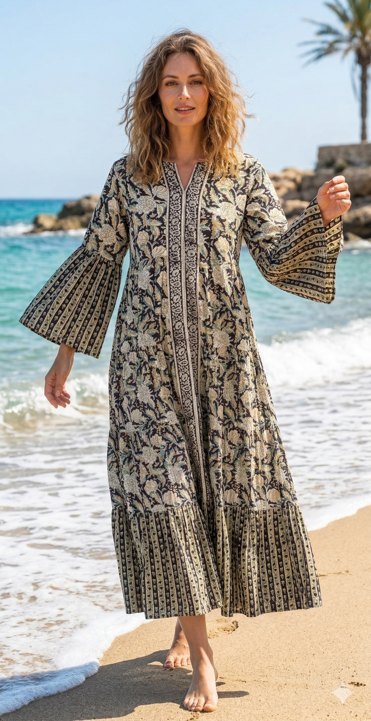 Earthy Floral Block Print Cotton Maxi Dress – Boho Chic Tiered Long Dress with Wide Bell Sleeves