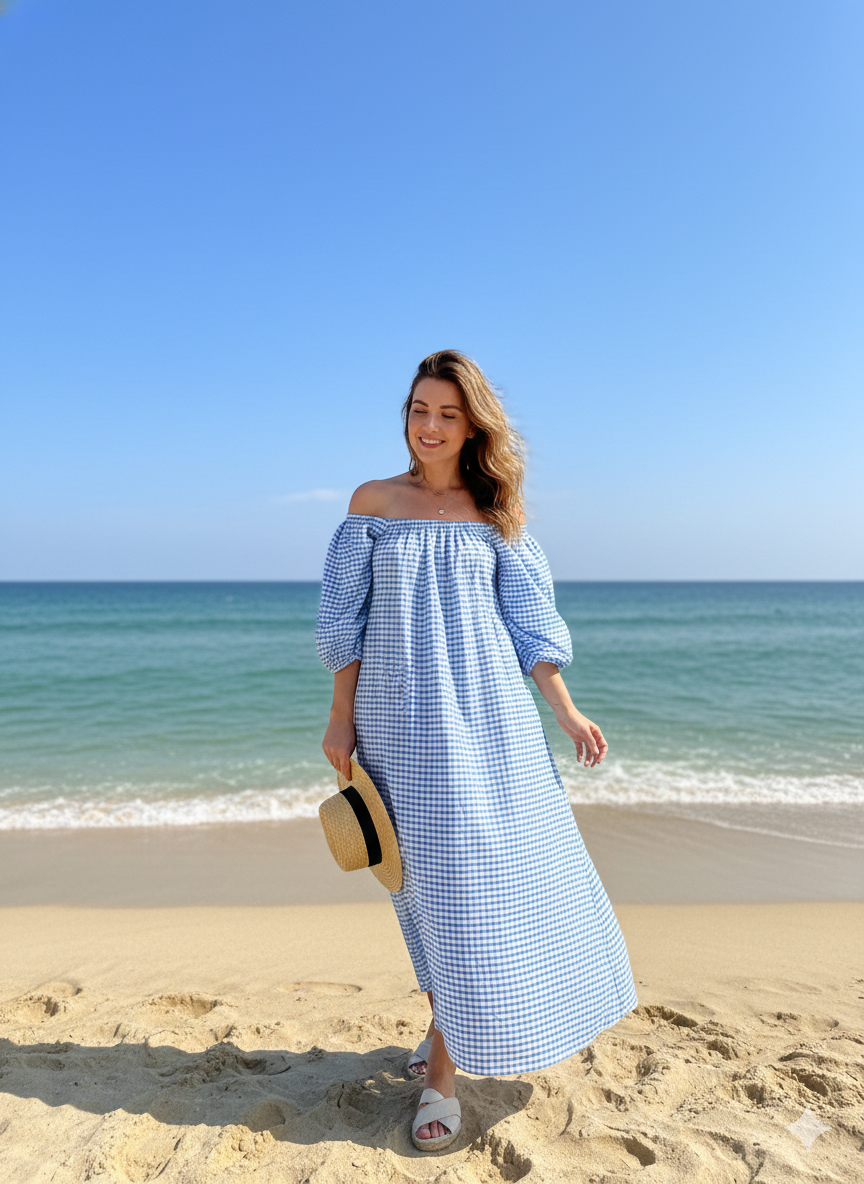 Blue Gingham Cotton Midi Dress – Puff Sleeve Boho Summer Dress