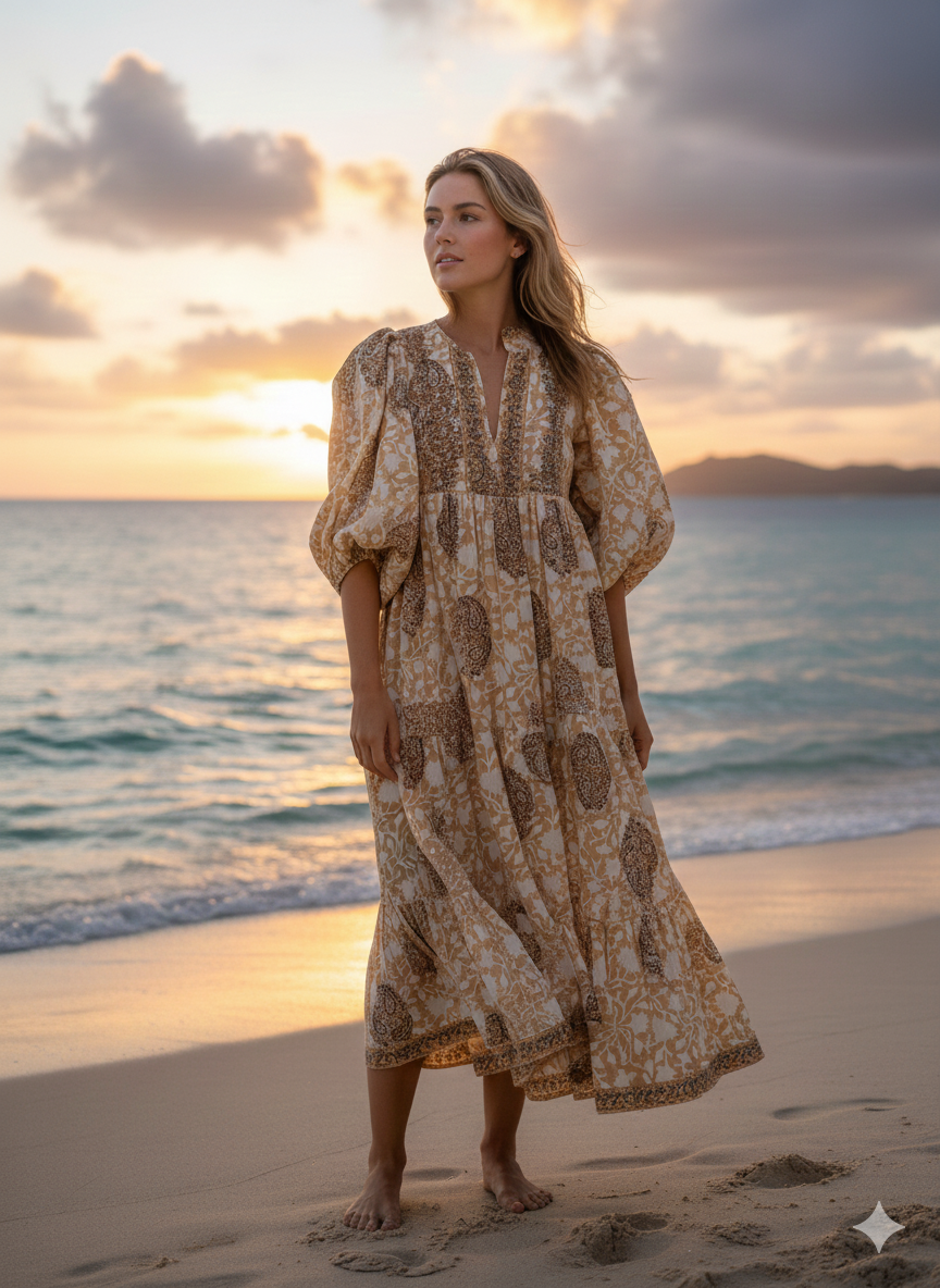 Beige Brown Floral Block Print Cotton Midi Dress – Handcrafted Boho Dress with Puff Sleeves