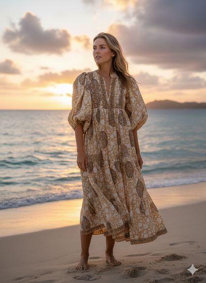 Beige Brown Floral Block Print Cotton Midi Dress – Handcrafted Boho Dress with Puff Sleeves